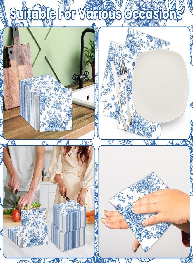 gisgfim ١٠٠ قطعة من مناديل ورقية زرقاء مزينة بالزهور، للاستخدام مرة واحدة، بتصميم كلاسيكي، باللونين الأزرق والأبيض، مناسبة للمشروبات والعشاء، ولتزيين الطاولات في حفلات الزفاف وأعياد الميلاد. - Image 5